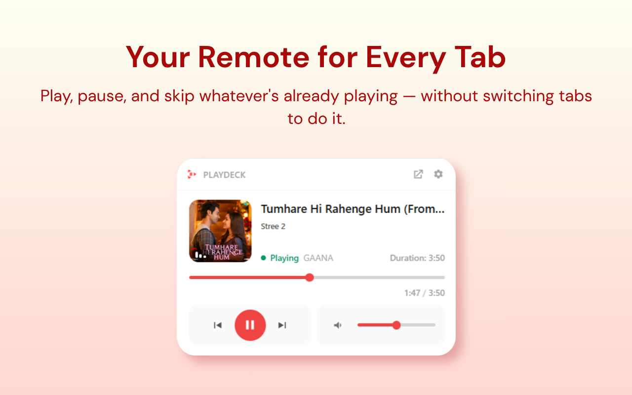 PlayDeck popup controlling a track playing on Gaana