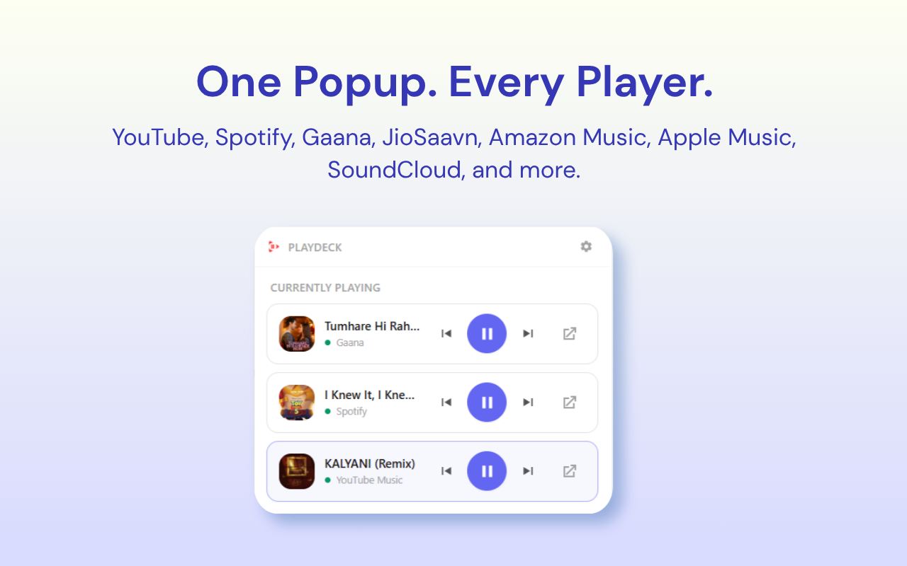 One popup controls every player - YouTube, Spotify, Gaana, and more