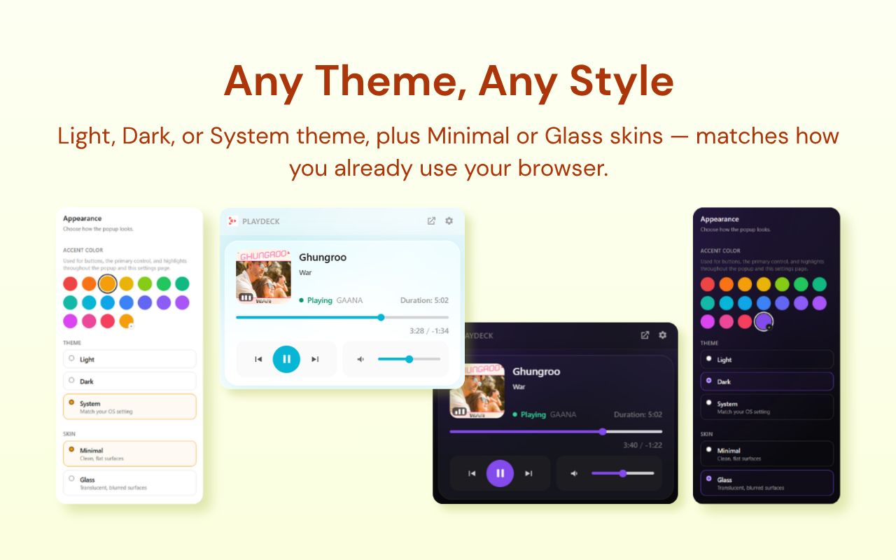 Light, Dark, or System theme, plus Minimal or Glass skins
