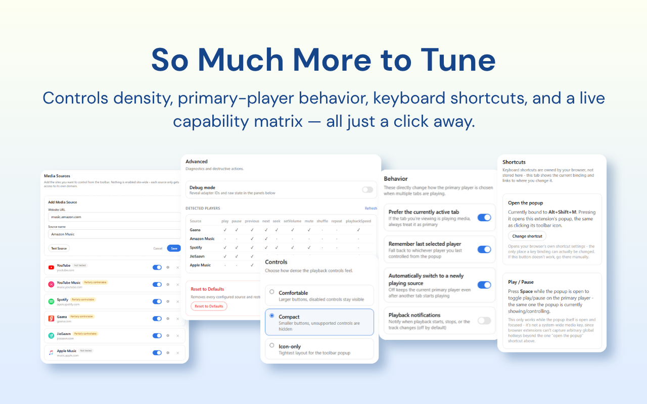 Controls density, behavior, shortcuts, and diagnostics