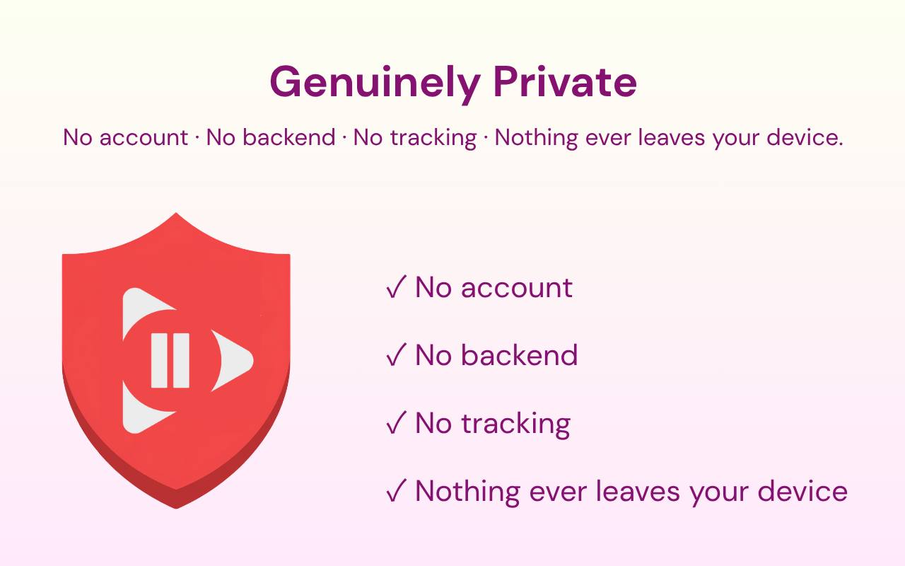PlayDeck privacy: no account, no backend, no tracking, nothing ever leaves your device